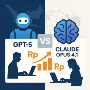 Infografis perbandingan GPT-5 vs Claude Opus 4.1 menunjukkan analisis biaya, performa, dan rekomendasi untuk bisnis Indonesia