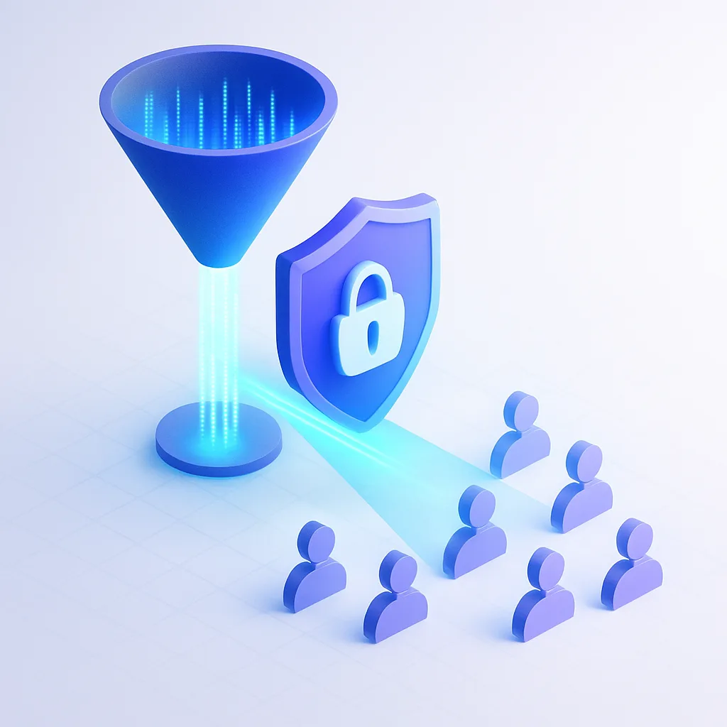 3D isometric scene showing AI driven targeting nodes and privacy shield for Meta Ads 20