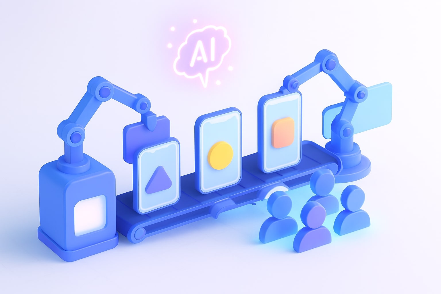 3D creative lab with conveyor belt generating varied ad hooks
