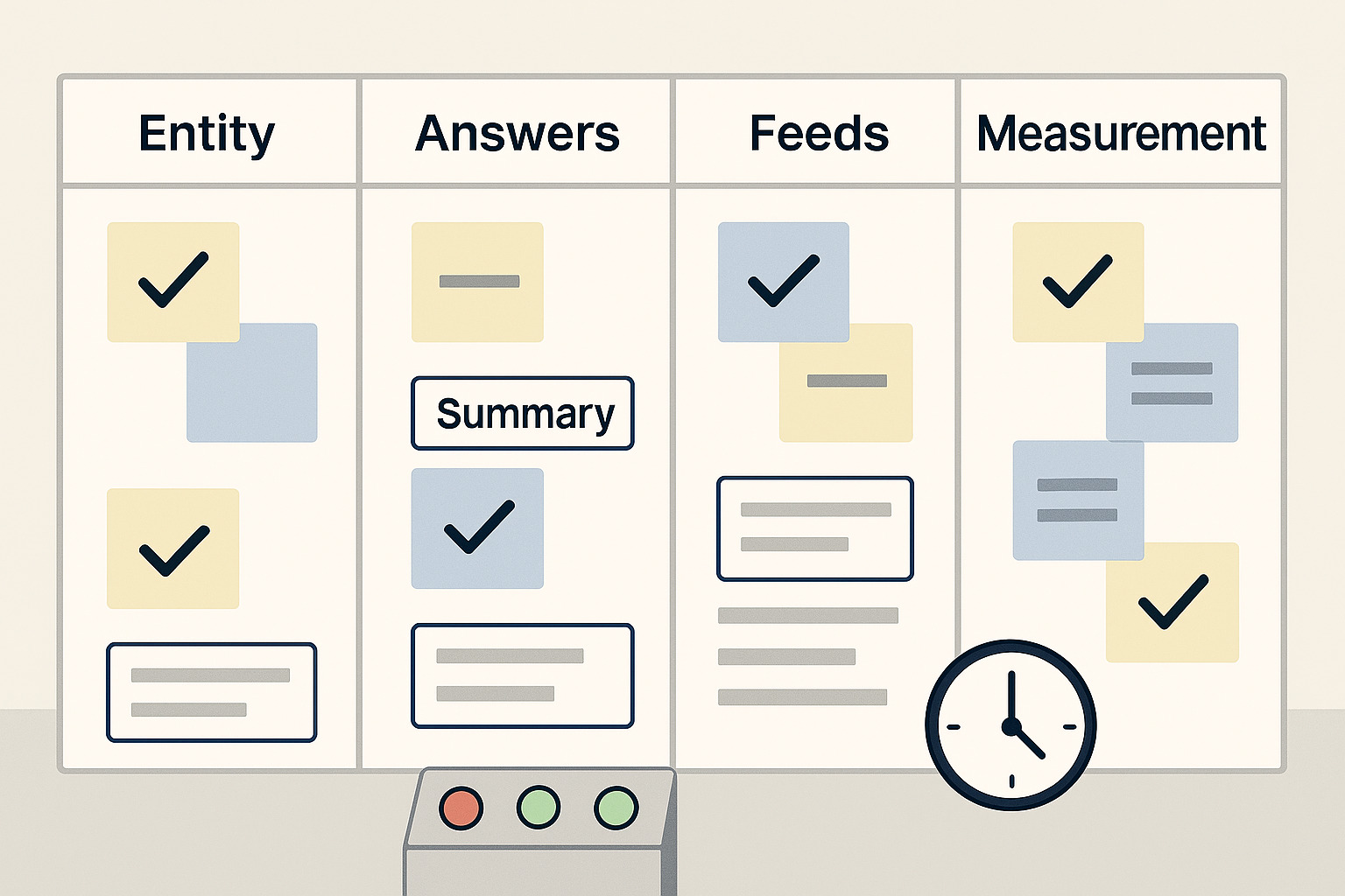 Kanban board labeled Entity, Answers, Feeds, Measurement with checkmarks