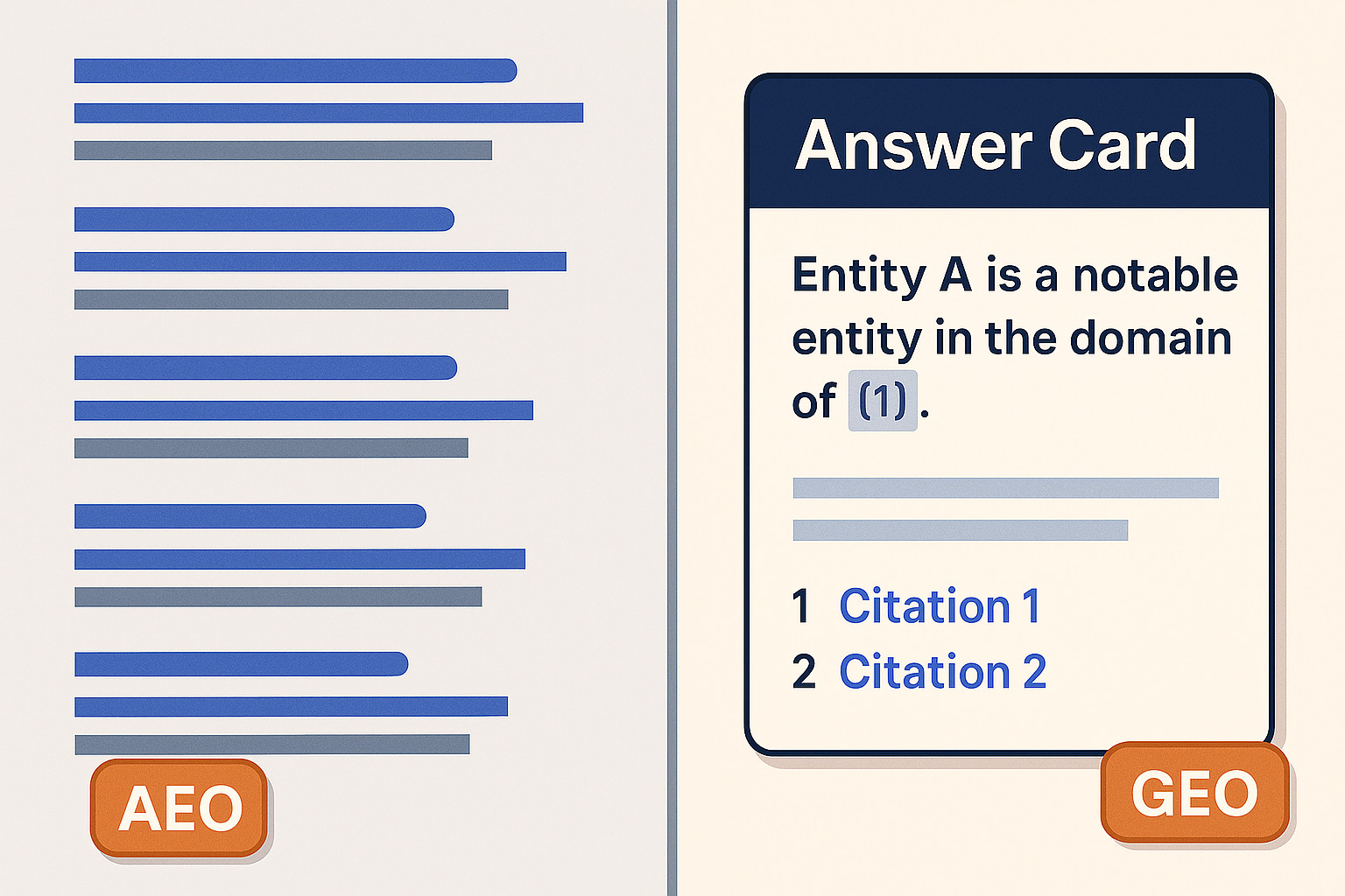 Split view of blue links and an AI answer card with highlighted citations
