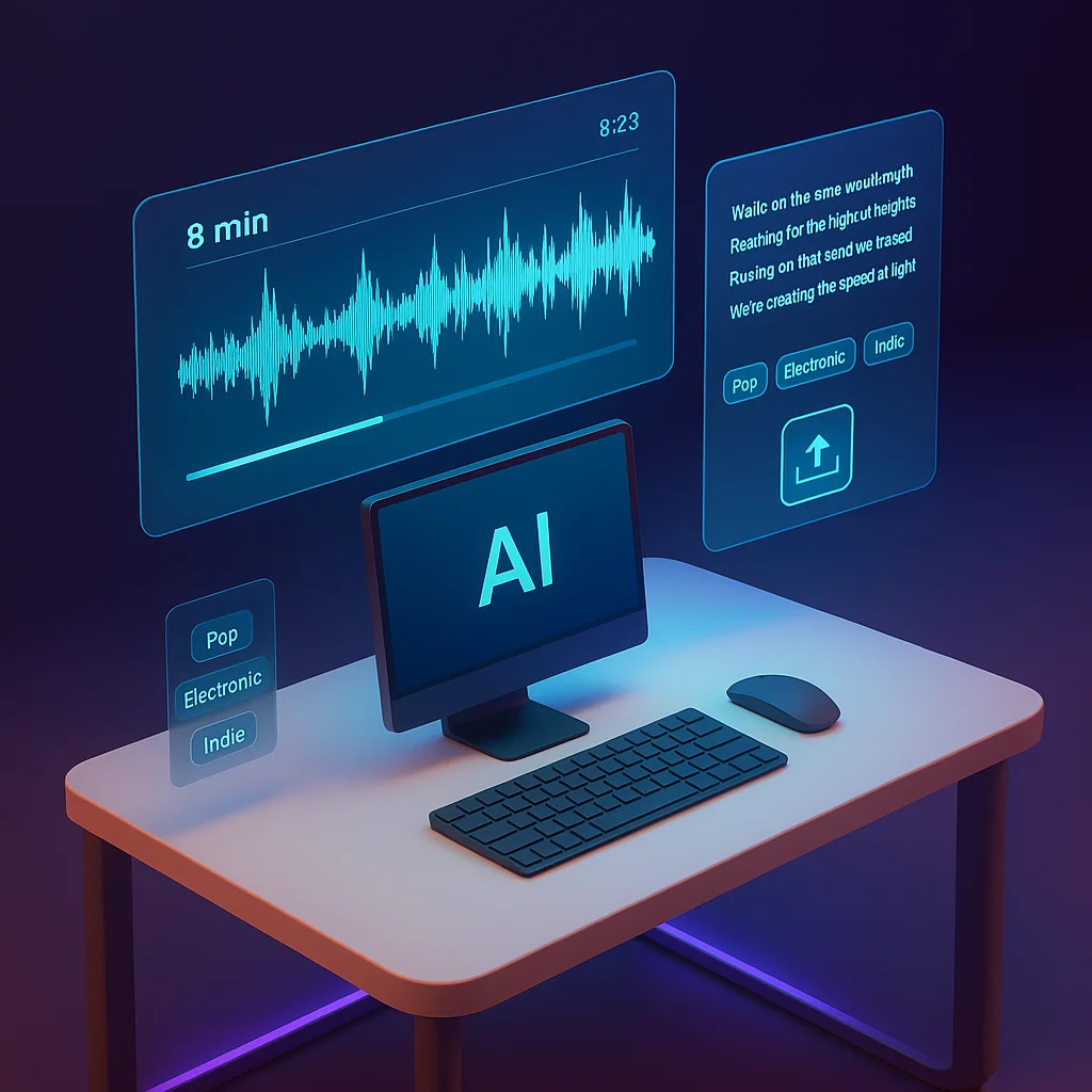 Suno AI v4.5 interface with abstract audio waves and 8‑minute timeline