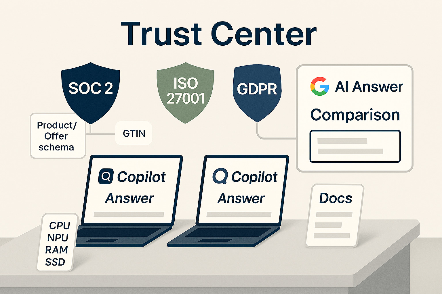 Trust Center with SOC 2, ISO 27001, GDPR badges and a docs portal