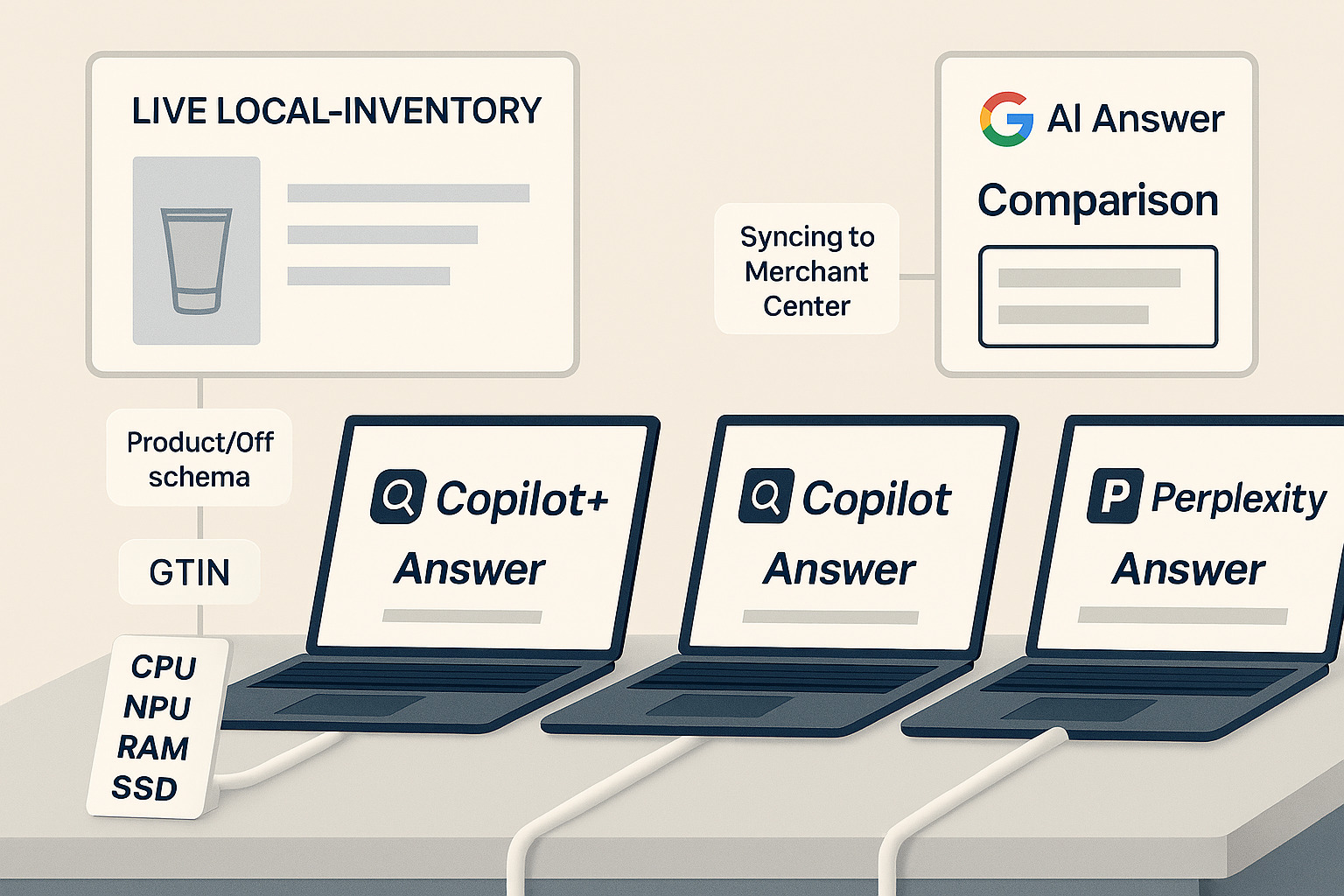 Copilot+ laptops with spec tags and a live local inventory dashboard
