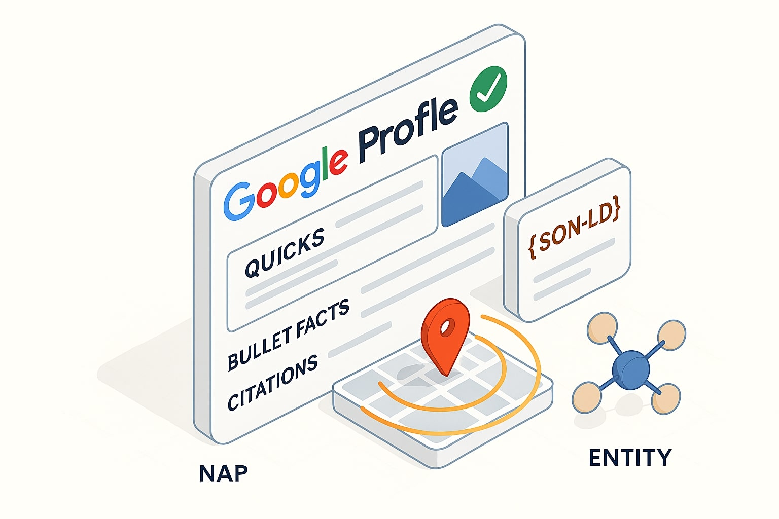 Kartu profil bisnis terverifikasi dengan NAP konsisten dan pin peta