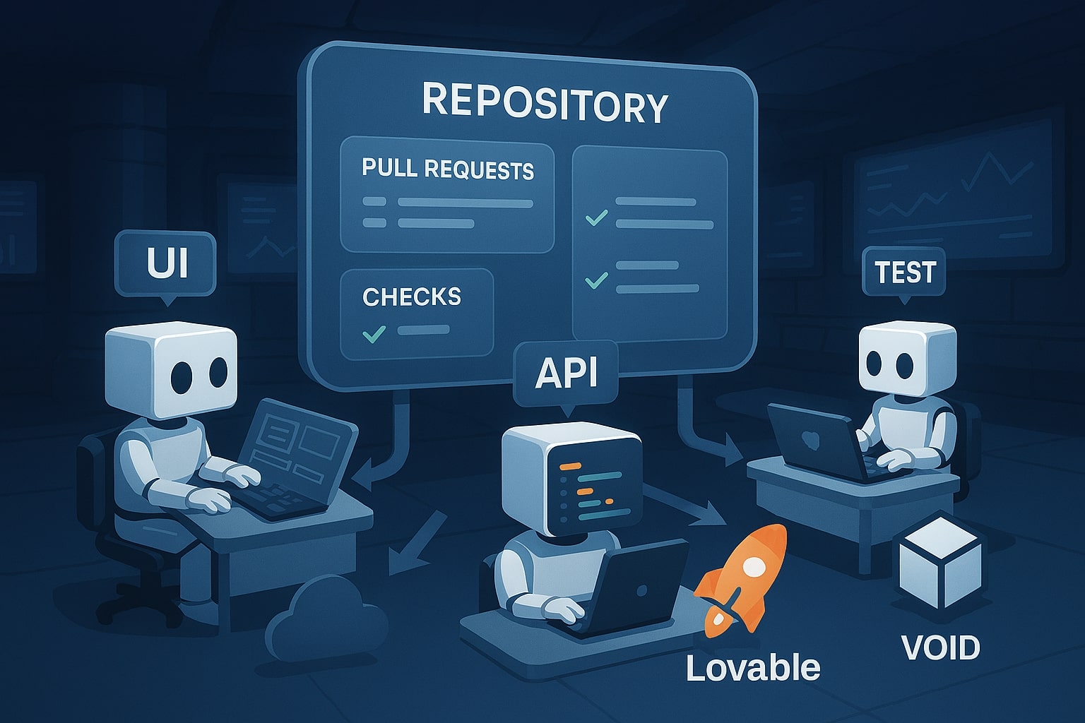 multi agent AI coding concept that coordinates features, tests, and pull requests