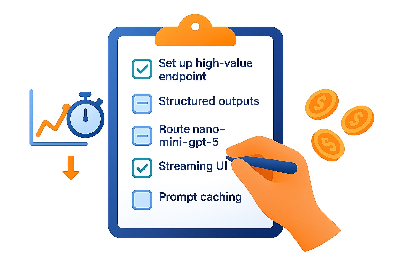Checklist eksekusi cepat GPT-5, endpoint prioritas, structured outputs, routing, streaming, dan prompt caching