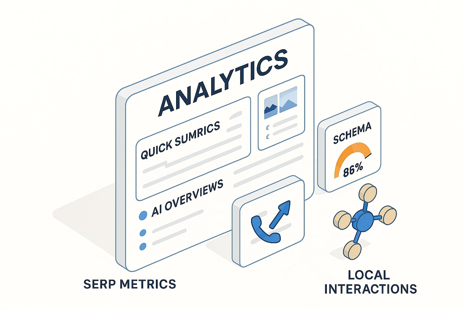 Dasbor KPI SEO, AEO (presence/citation), dan GEO (interaksi lokal)