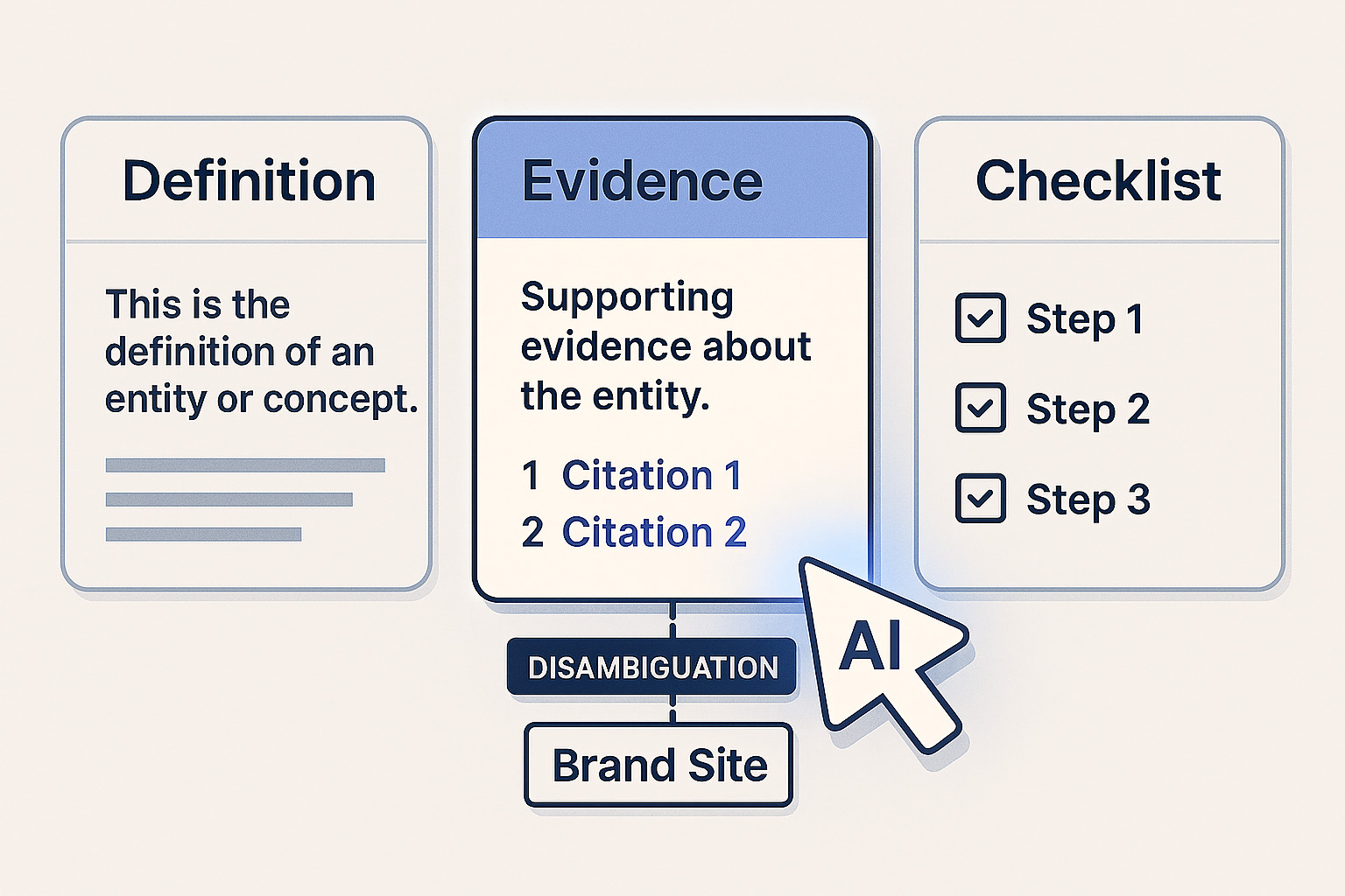 Cards for definition, evidence, and steps selected by an AI cursor