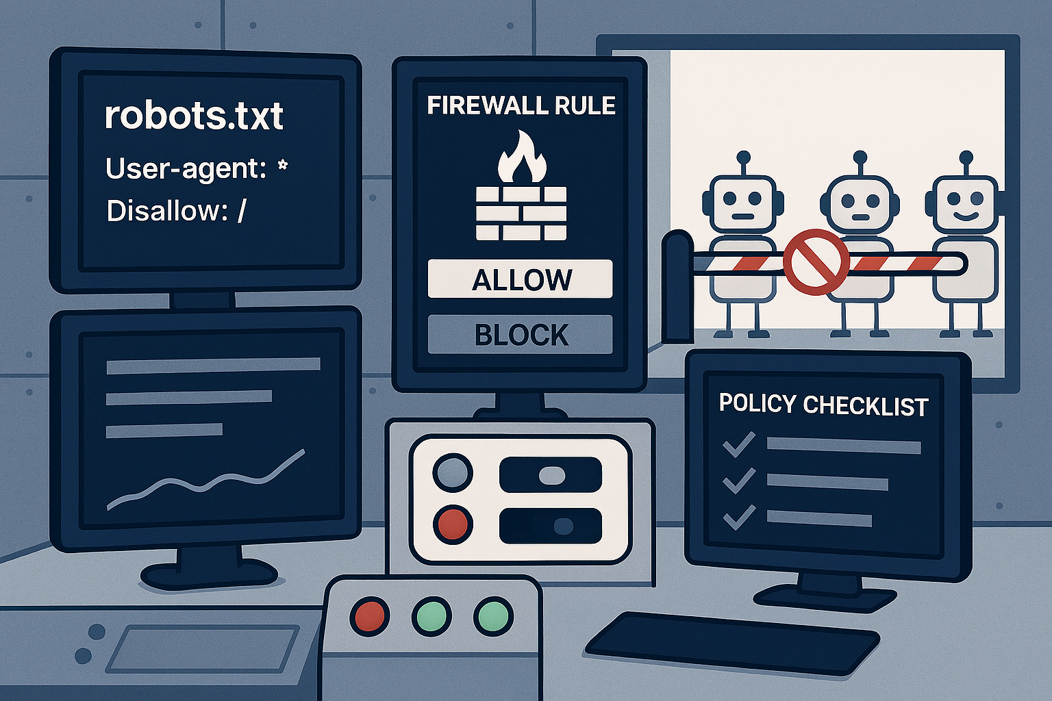 robots.txt panel showing blocked training bots and allowed search crawler