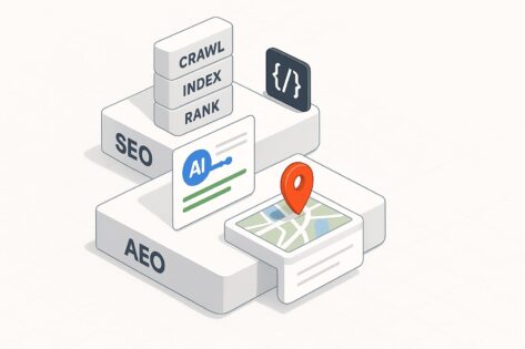 Ilustrasi perbandingan SEO, AEO, dan GEO dengan jalur pengguna serta kartu AI Overviews