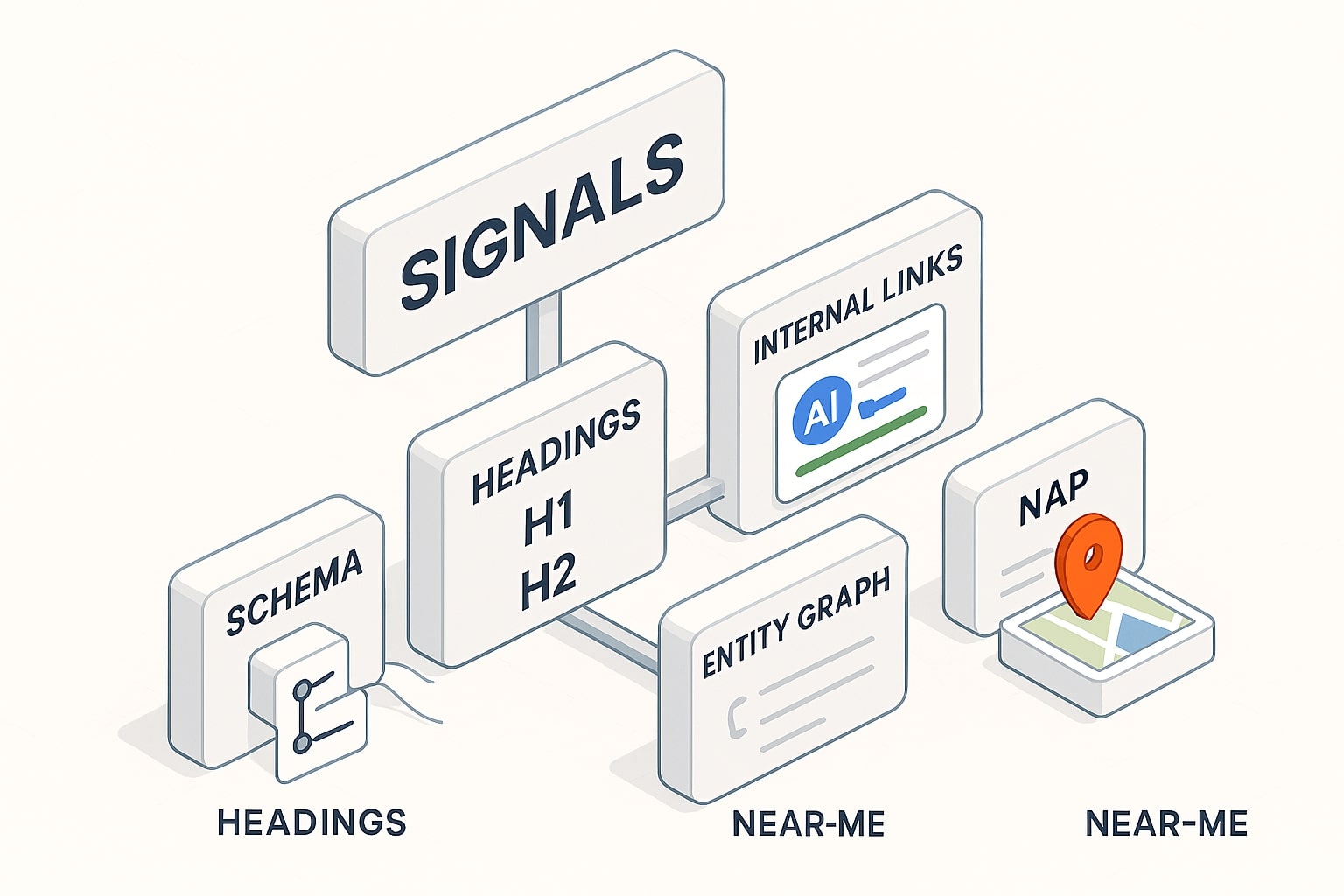 Dasbor sinyal: struktur heading, internal link, schema, entitas, NAP