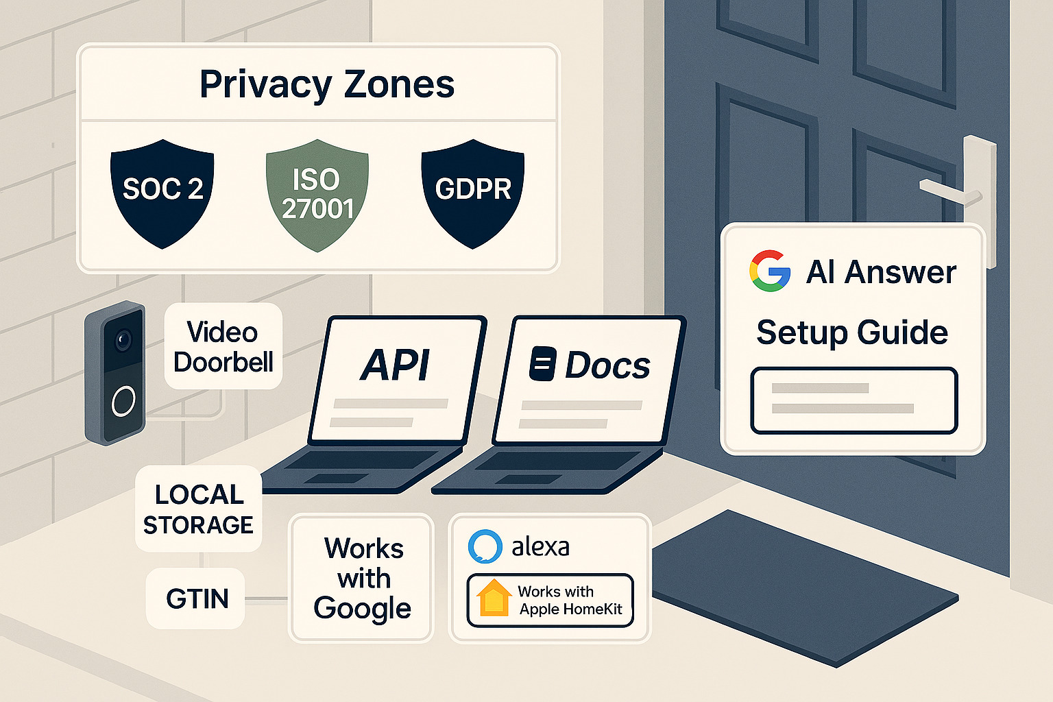 Doorbell UI with privacy zones and Google, Alexa, HomeKit badges