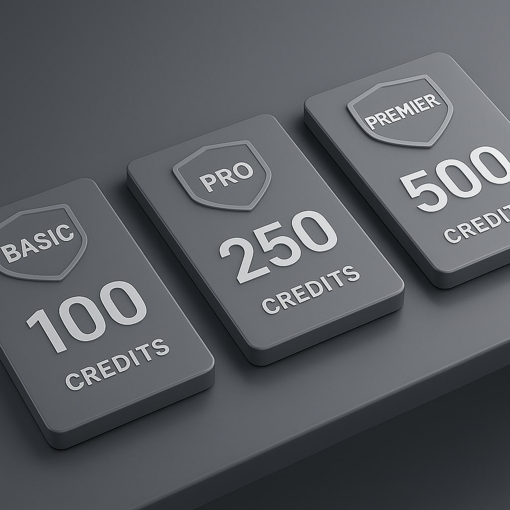 3D stacked coins beside credit counters for Basic, Pro, Premier.