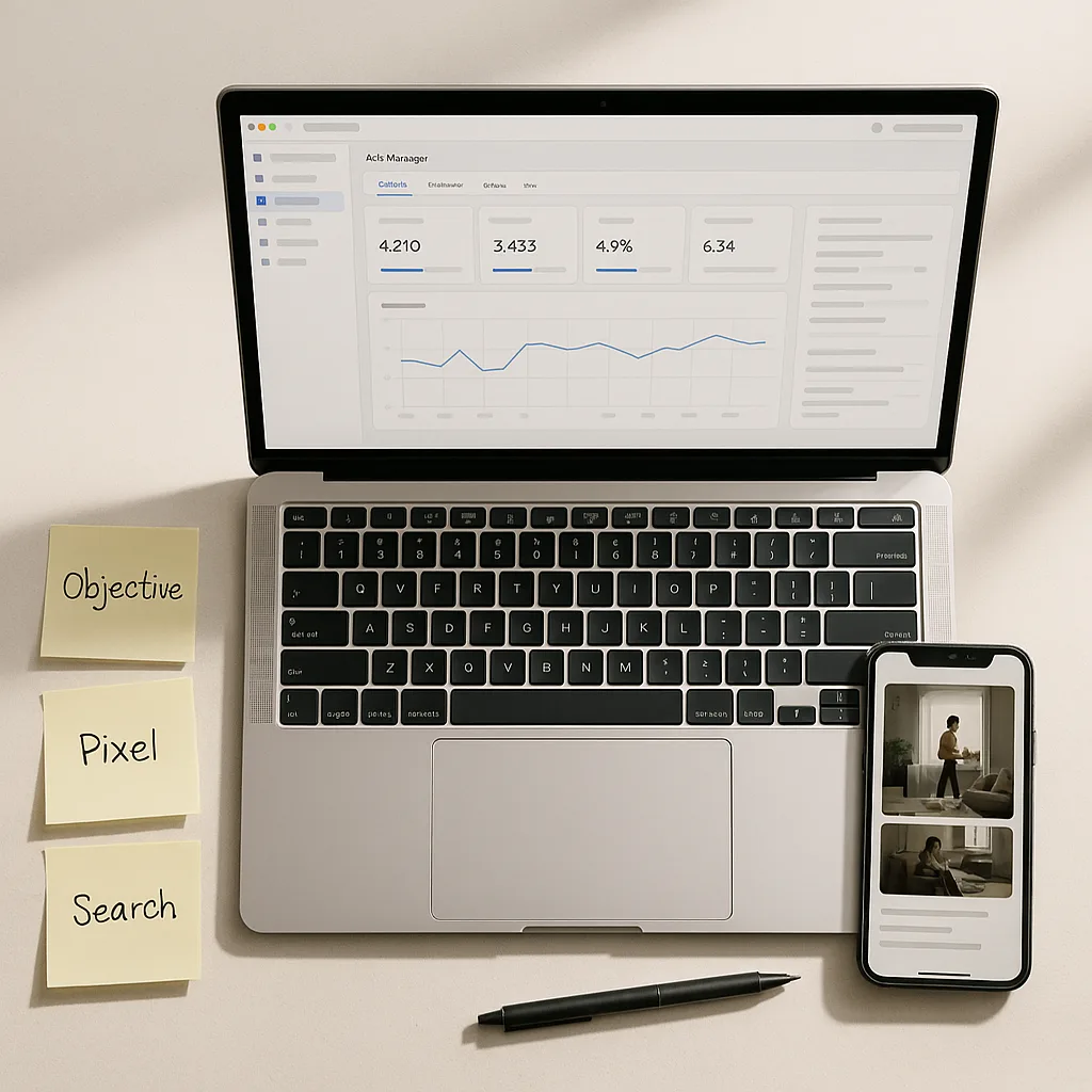 TikTok Ads 2025 setup scene with laptop dashboard, phone showing vertical ad storyboard, and planning notes.