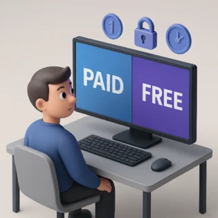 Ilustrasi 3D isometrik seorang profesional di meja kerja, menatap monitor besar dengan panel “Paid AI Tools” dan “Free AI Tools”, tampak ragu menentukan pilihan.