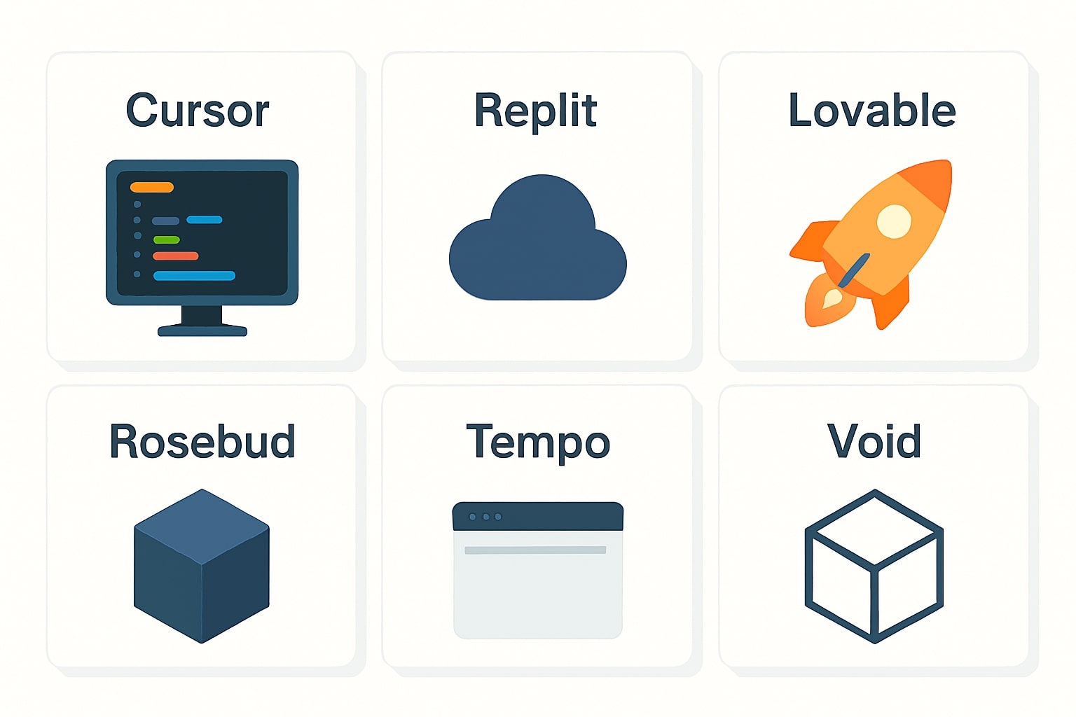 grid of six leading vibe coding tools represented by abstract icons