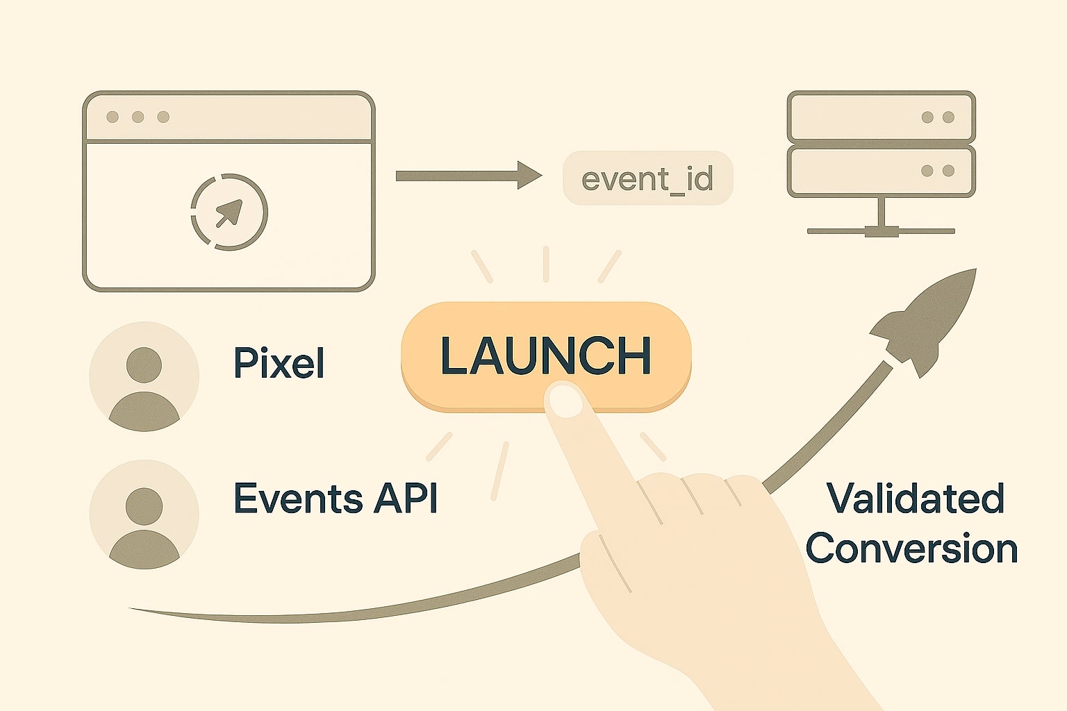 Dual pipeline concept showing browser pixel and server side Events API with dedup event id