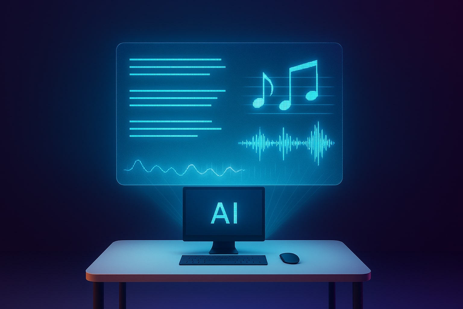3D hologram of a text prompt transforming into music notes.
