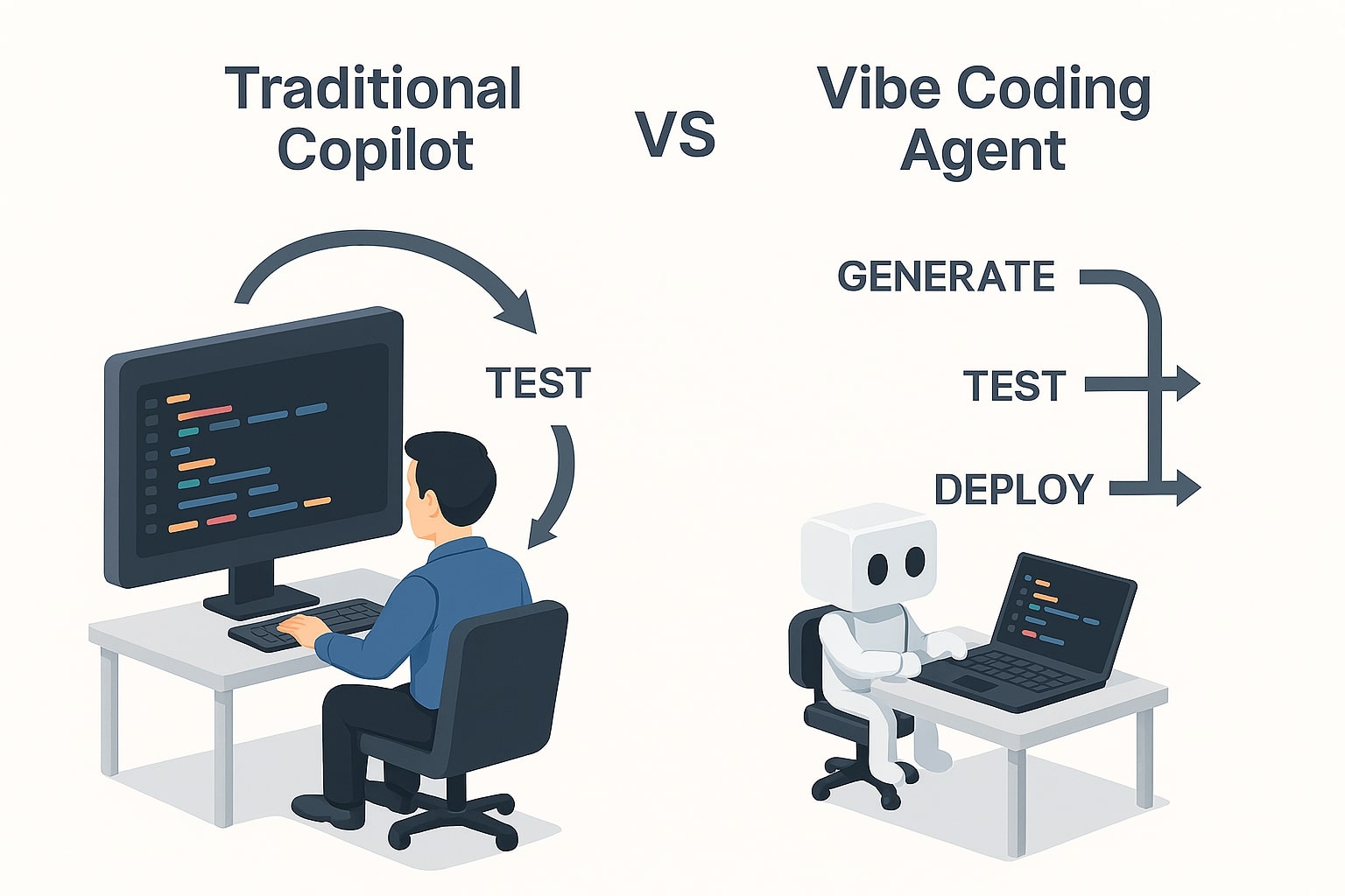 diagram that contrasts traditional code copilots with end to end vibe agents