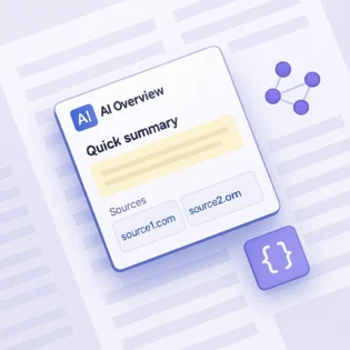 Ilustrasi isometrik AI Overviews dengan Quick Summary, entitas, dan schema