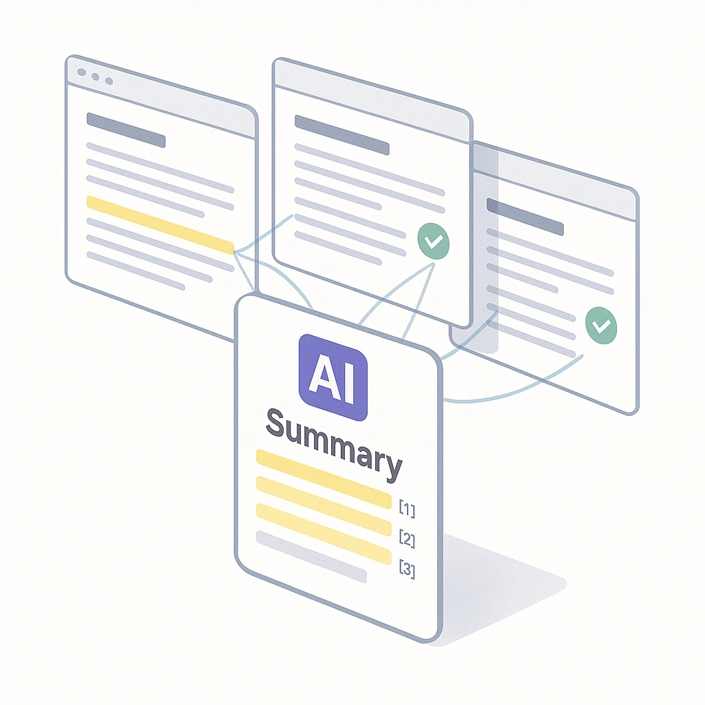 Diagram editorial AI Overviews dengan kutipan sumber yang disorot