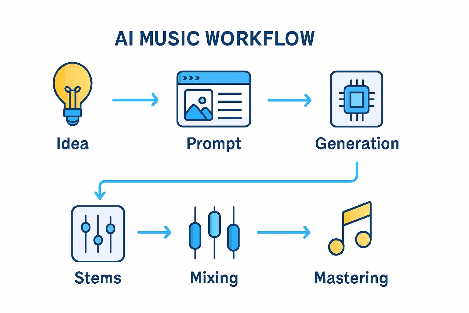 alur kerja cara membuat musik dengan AI, tahapan ide hingga mastering