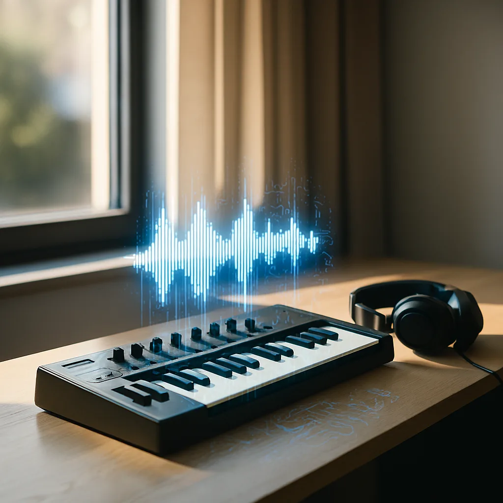 cara membuat musik dengan AI untuk pemula, studio rumahan modern dengan gelombang audio dan ikon AI