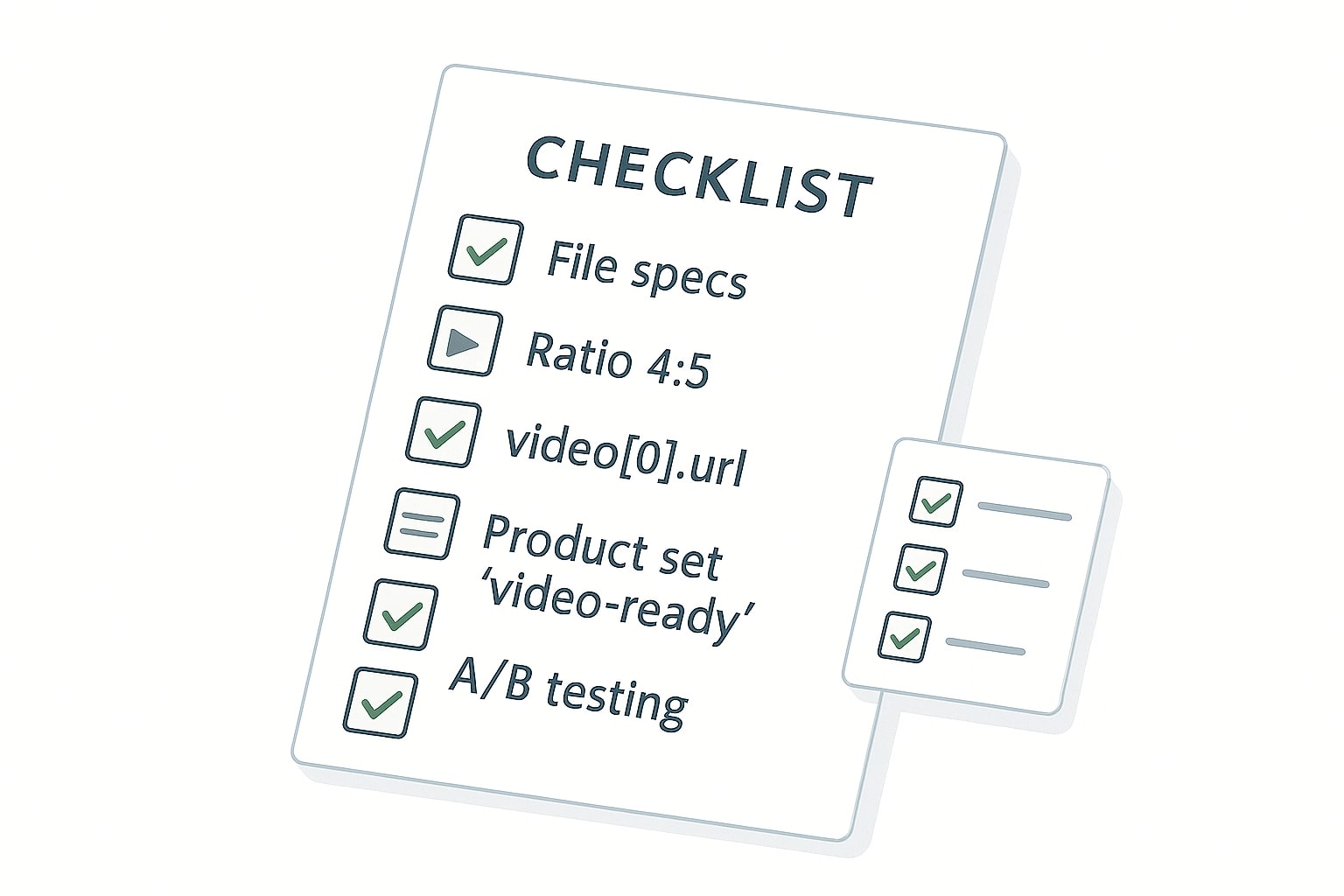Infografik checklist persiapan CPV meliputi spesifikasi file, feed video[0].url, product set video-ready, QA overlay teks