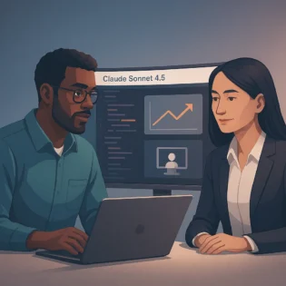 Ilustrasi profesional menunjukkan kolaborasi manusia dan Claude Sonnet 4.5 dalam coding dan analisis.