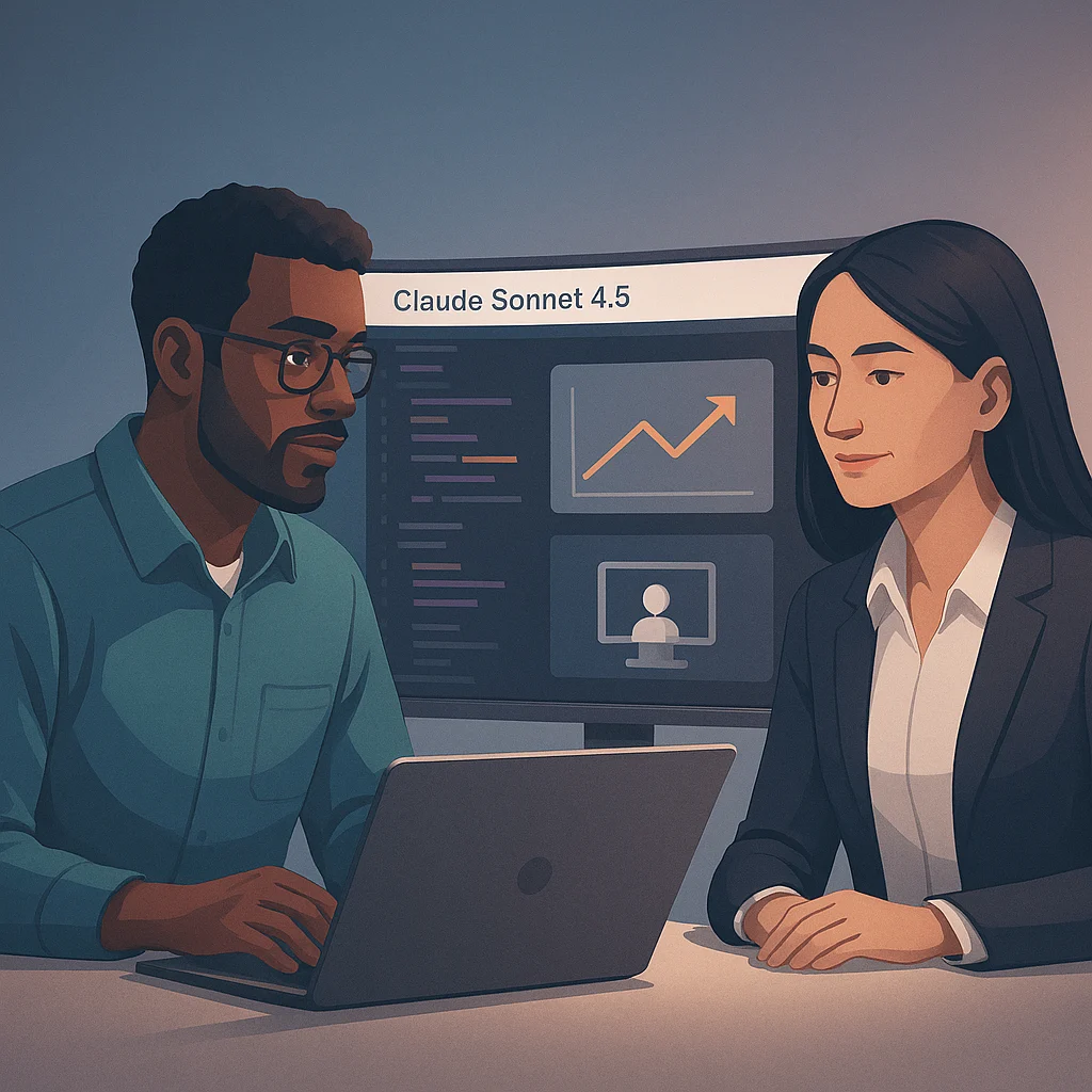 Ilustrasi profesional menunjukkan kolaborasi manusia dan Claude Sonnet 4.5 dalam coding dan analisis.