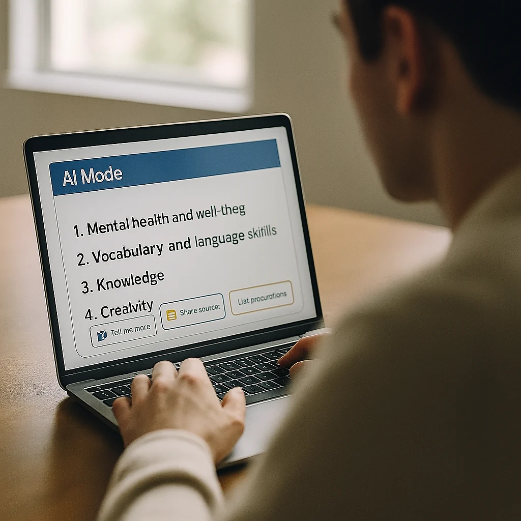 Close shot of hands on a laptop researching with Google AI Mode results and citations