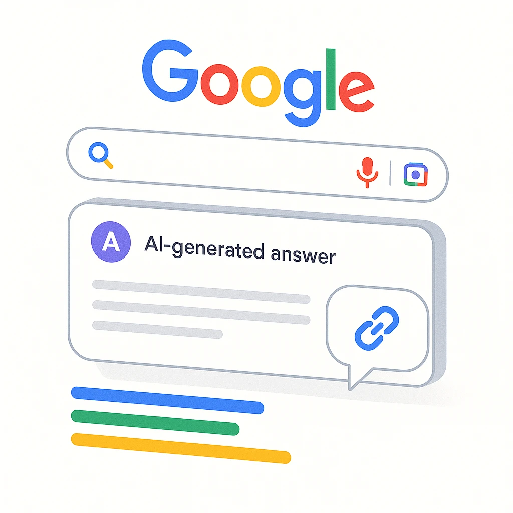 Ilustrasi AI Mode di Google Search dengan jawaban percakapan dan tautan sumber.