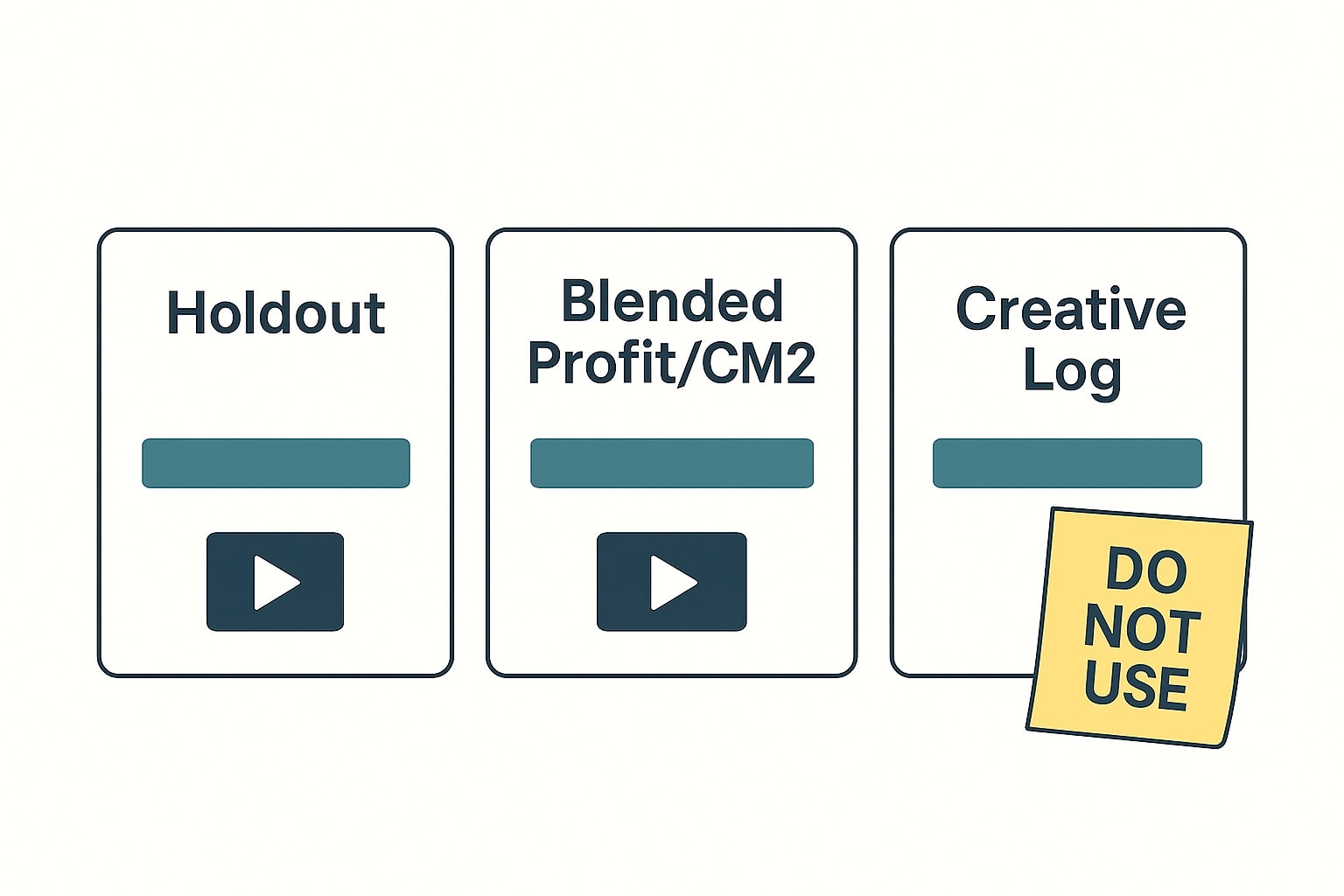 Dashboard cards for holdouts, blended profit, and citation/creative logs