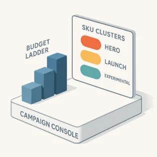 Optimization console for a TikTok Shop GMV Max campaign with budget ladders and SKU tiers