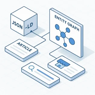 Ilustrasi isometrik JSON-LD terhubung ke graf entitas, Article dan LocalBusiness