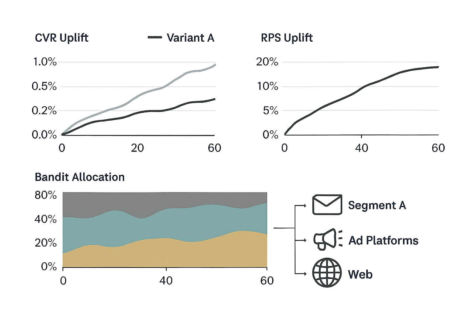 dashboard showing CVR and RPS uplift with bandit allocation over 60 days