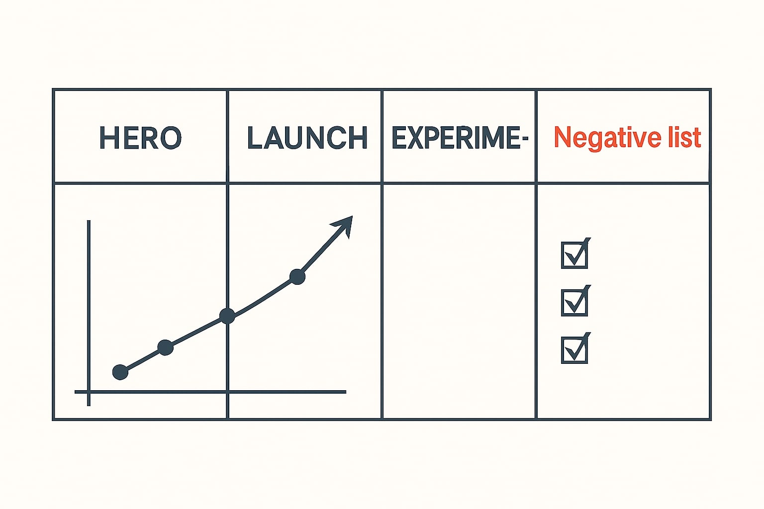 Matrix of hero, launch, and experimental SKUs with a “negative list” column