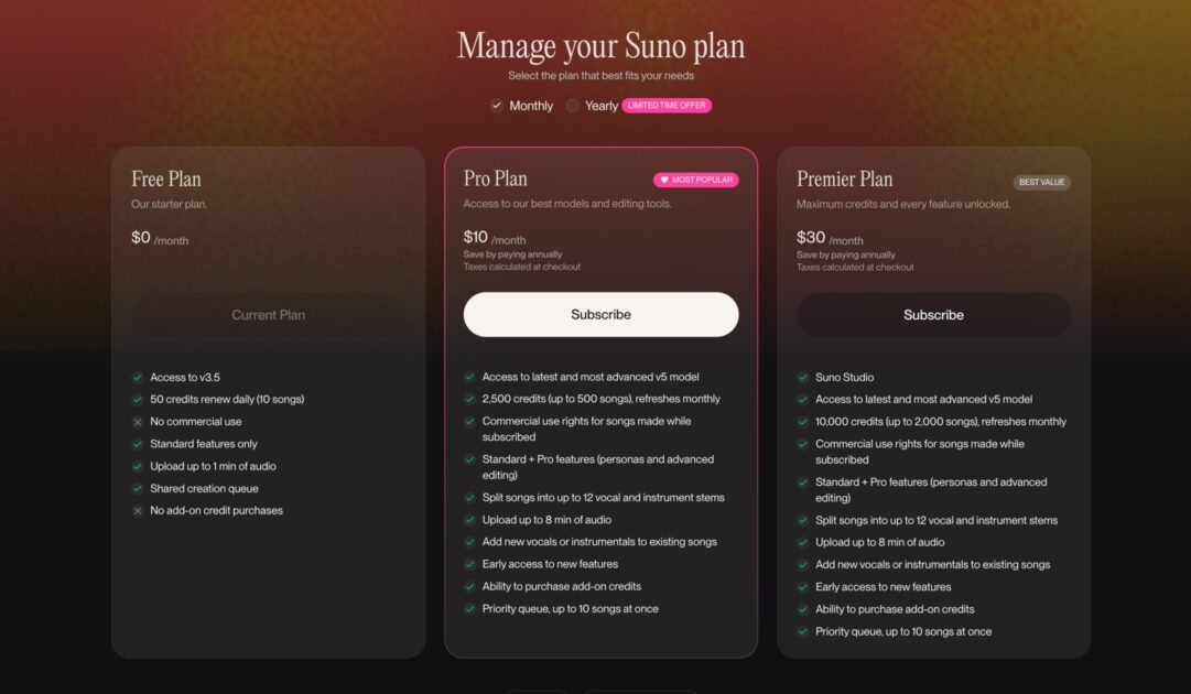 Suno Pricing Oct 2025 Free Vs Pro Vs Premier Credits Commercial Use