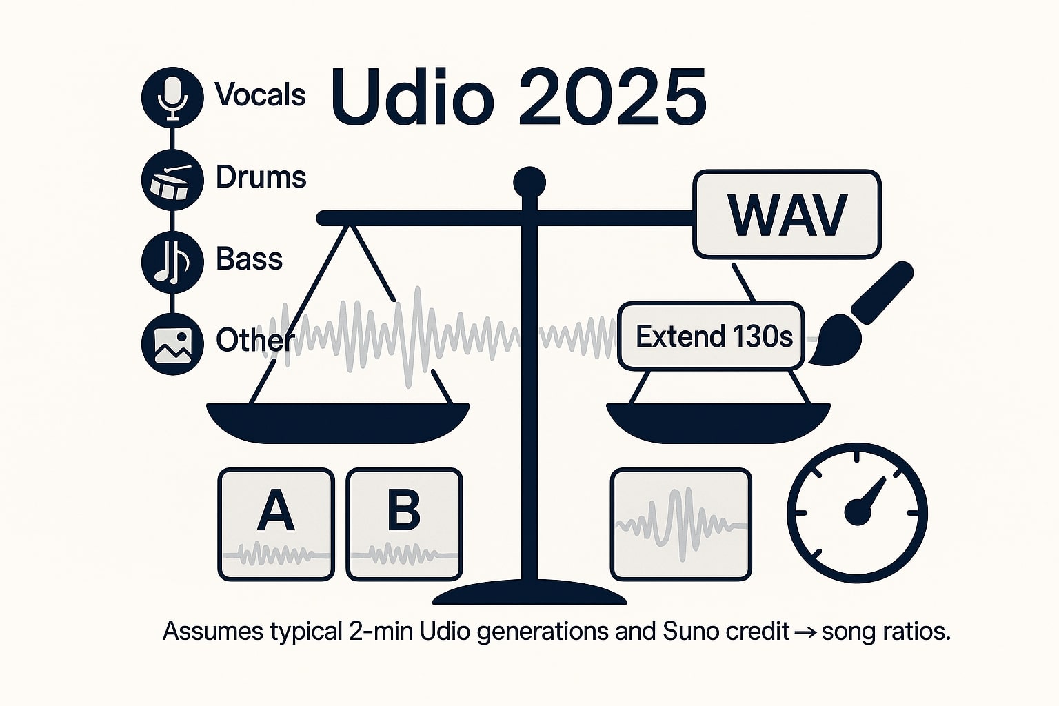 Udio features in 2025: stems and WAV export, inpainting/extend tools, fast two-result generation
