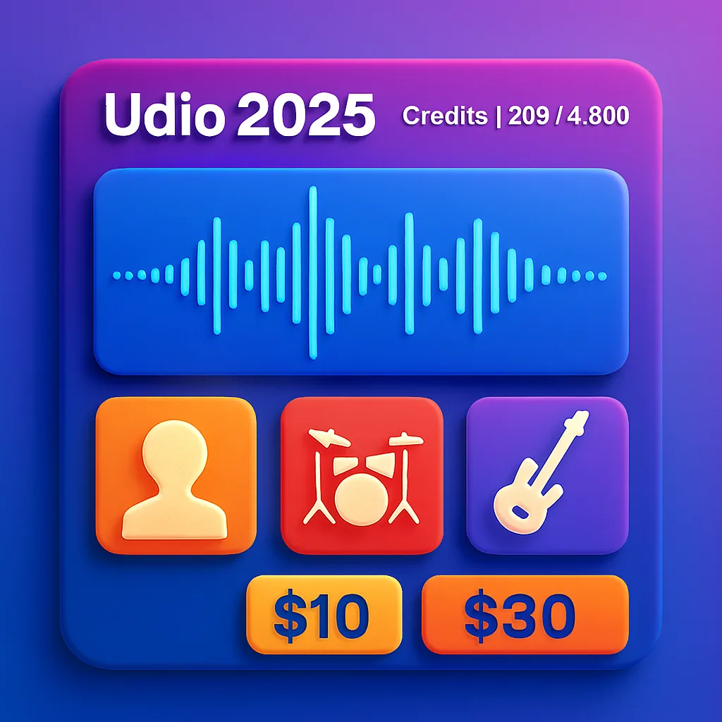 Udio pricing plans 2025 illustrated with credits, sliders, and AI music waveform
