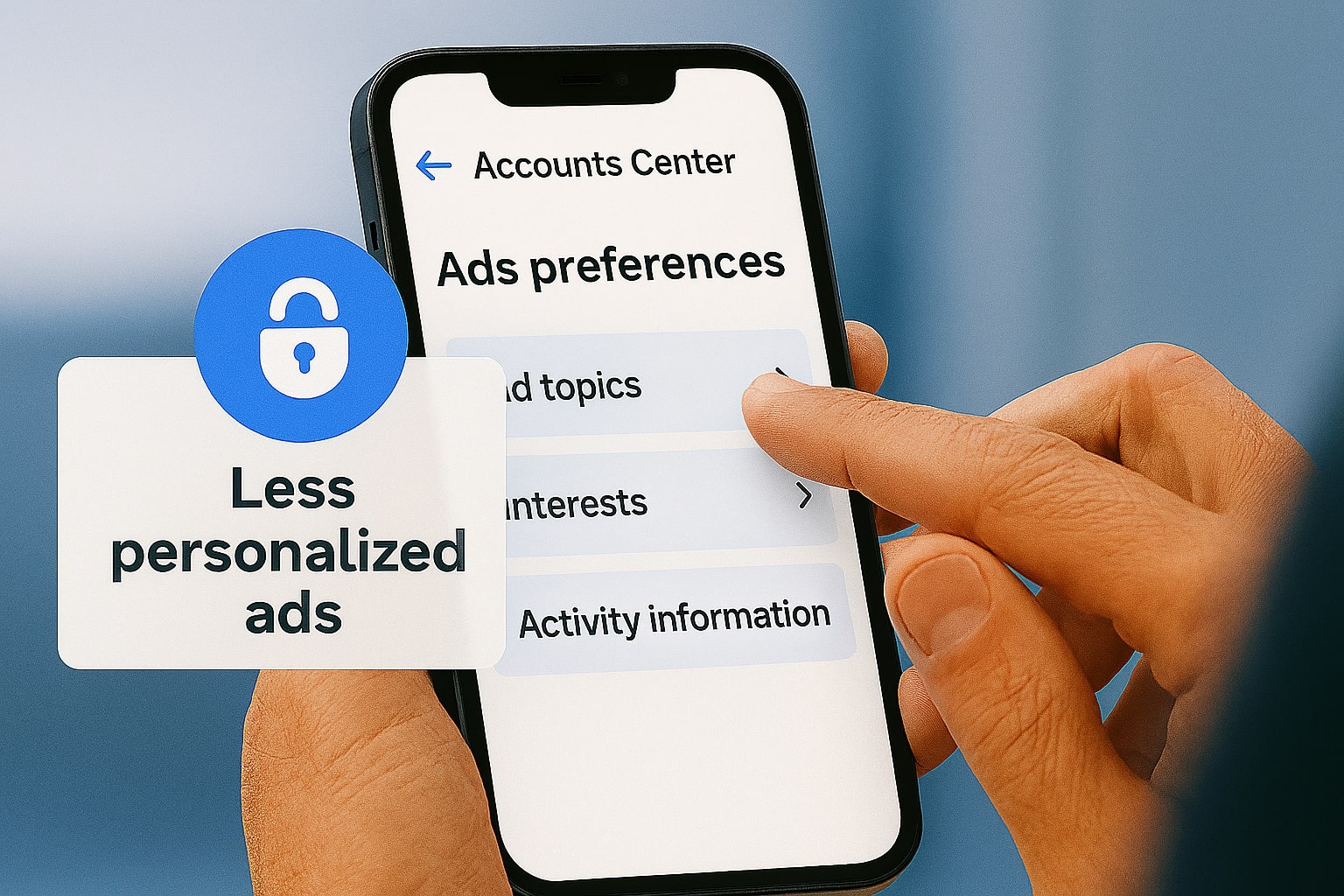 Accounts Center Ad Preferences panel with topics, interests, activity controls.