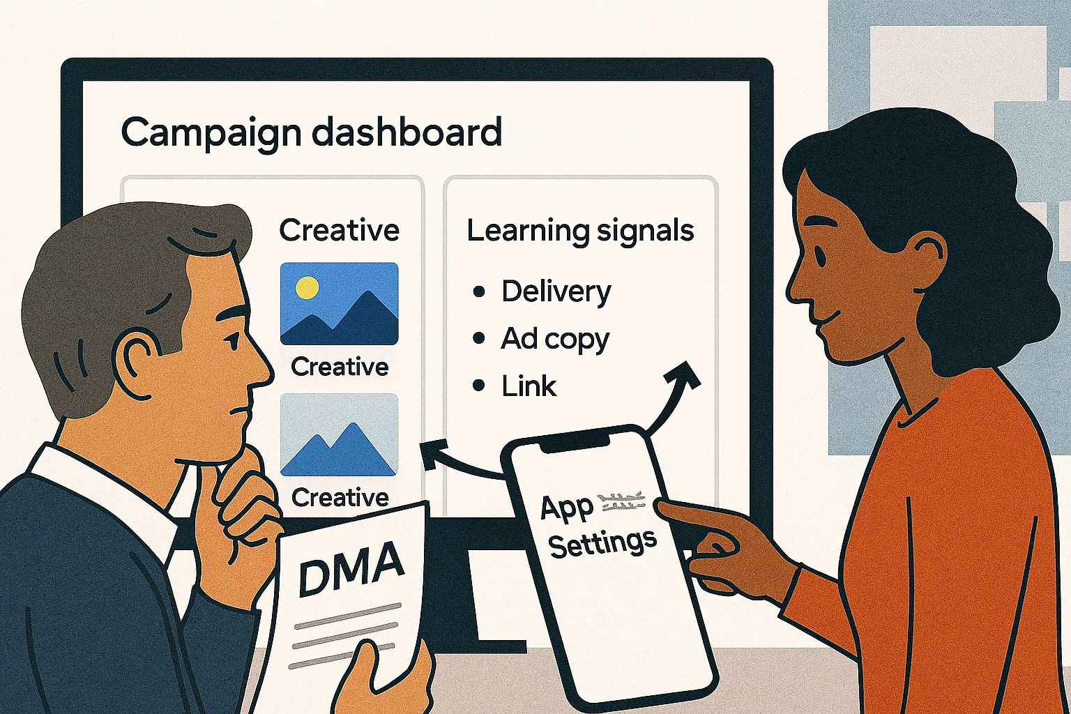 Media buyer and creator plan campaigns with creative and signal dashboards.