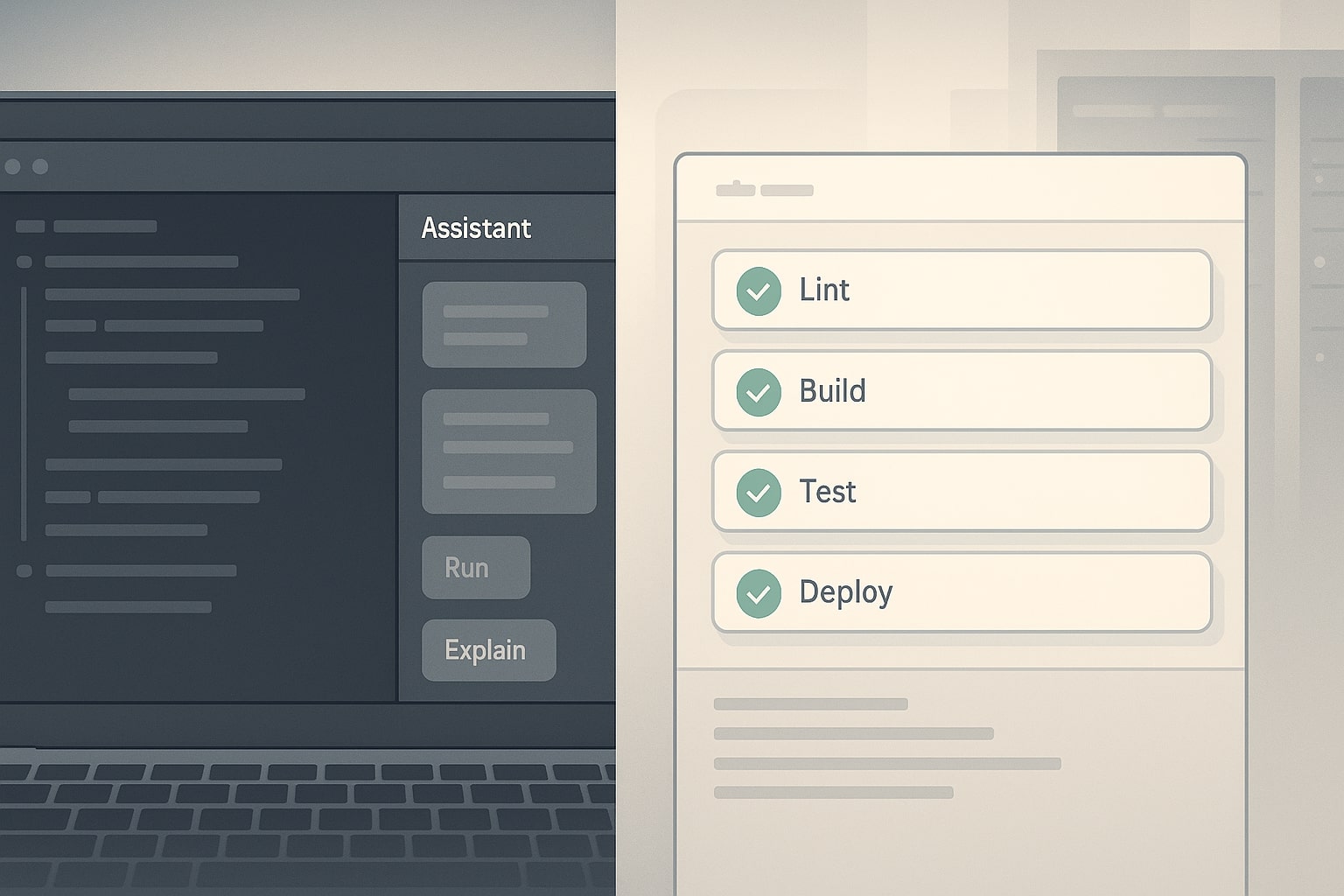 IDE and CI pipeline deploying agentic prompting with tests and rollbacks