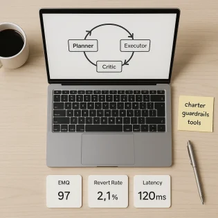 Mastering agentic prompting in 2025, planner executor critic loop visualized in an IDE with evaluation dashboard