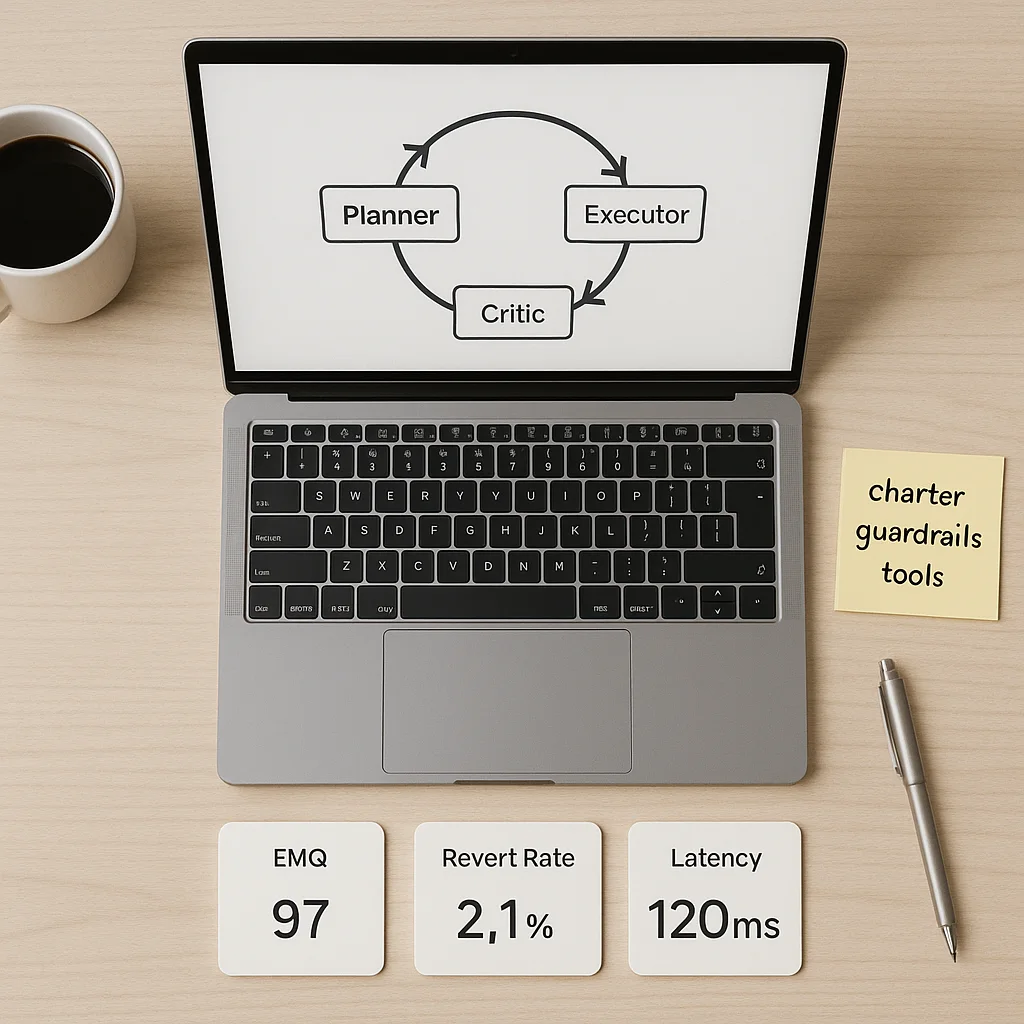 Mastering agentic prompting in 2025, planner executor critic loop visualized in an IDE with evaluation dashboard