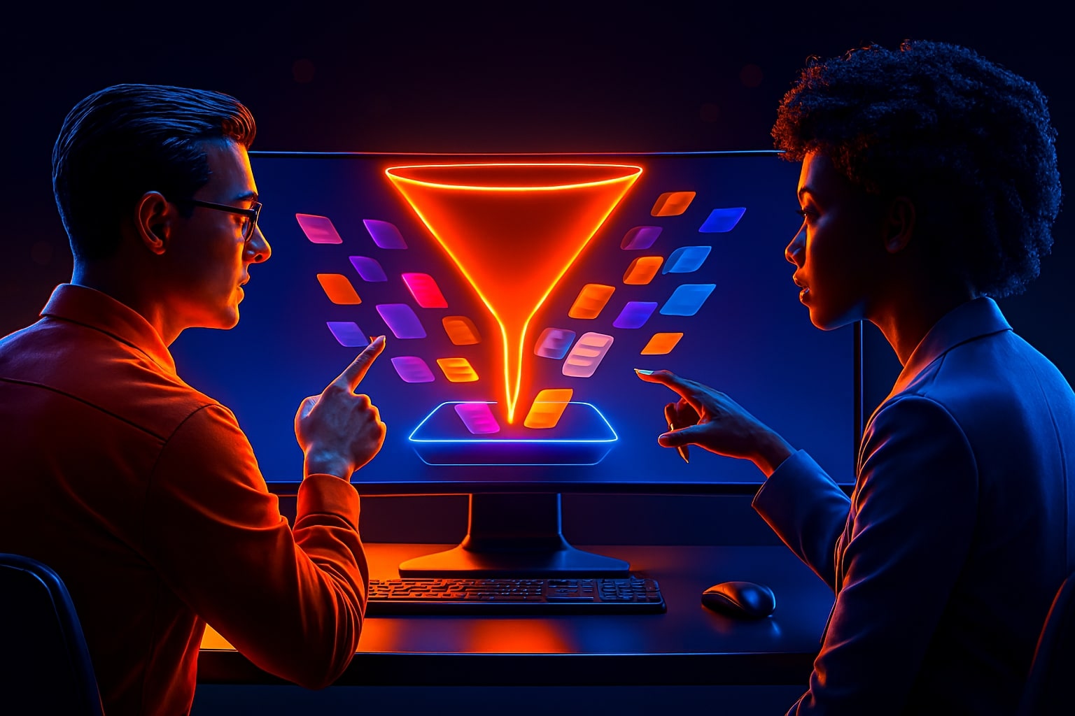 Two performance marketers collaborating at a large screen, selecting high potential ad candidates as a colorful 3D retrieval funnel narrows results