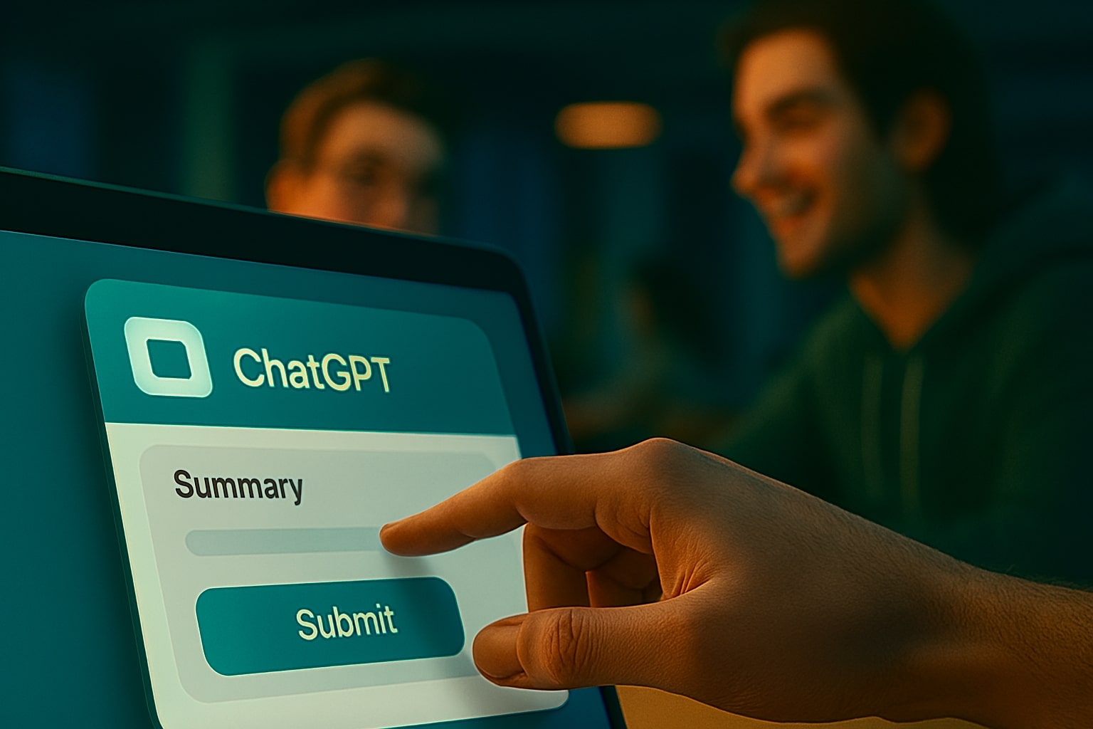 Tangan manusia mengoperasikan panel App di ChatGPT dengan rekan kerja di belakang