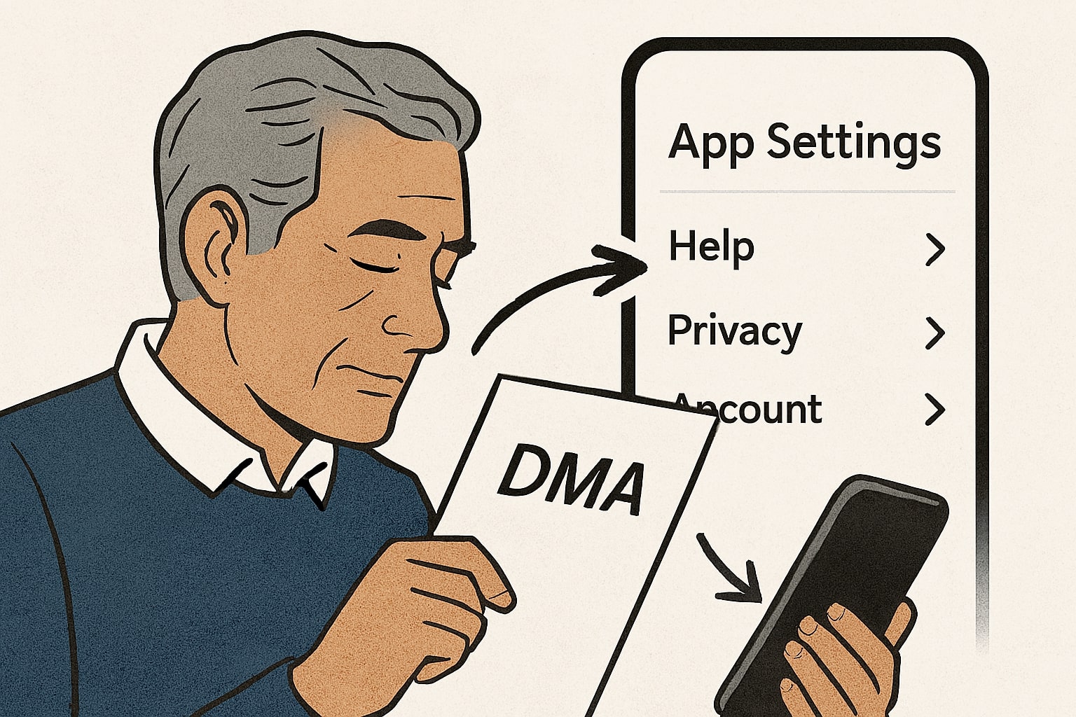 Reader reviews DMA document next to Meta app settings.