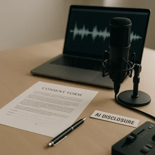 Consent form and studio mic illustrate ElevenLabs Voice Cloning Consent Policy